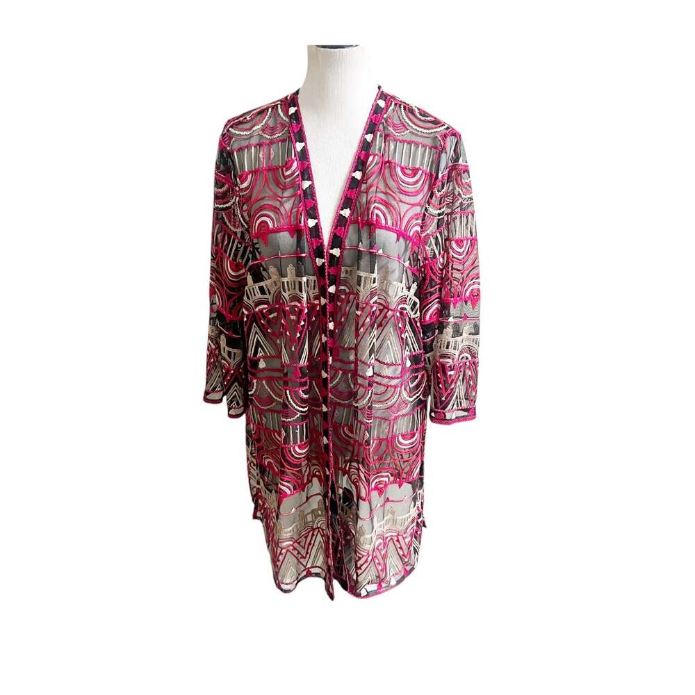 Catherines Kimono Jacket Women's Size 2X Pink Geometric Embroidered Mesh Boho